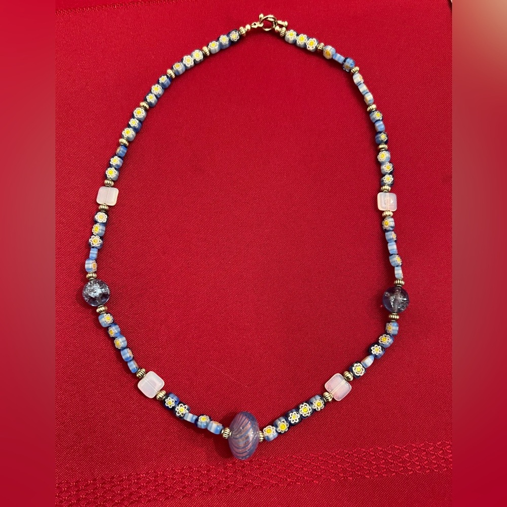Hand made 22” millefiori square glass bead necklace with focal bead